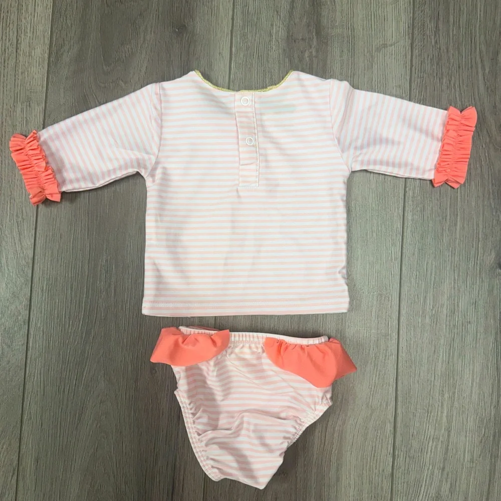 Mud Pie Adorable Baby Swimsuit, 3-6 months, Flamingo design with stripes ruffles